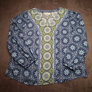Belle Boho Kim Gravel Women Blue Yellow Medallion Long Sleeve Blouse XL Resort